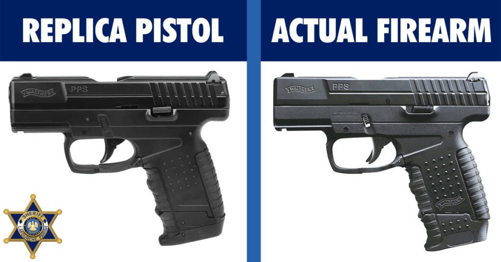 graphic showing a side-by-side comparison of a replica pistol and an actual firearm which look nearly identical