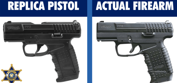graphic showing a side-by-side comparison of a replica pistol and an actual firearm which look nearly identical